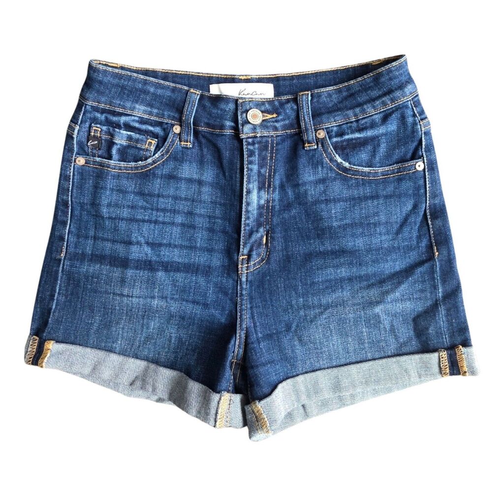 Kancan Womens Size M Dark Wash High Rise Denim Cuffed Shorts
